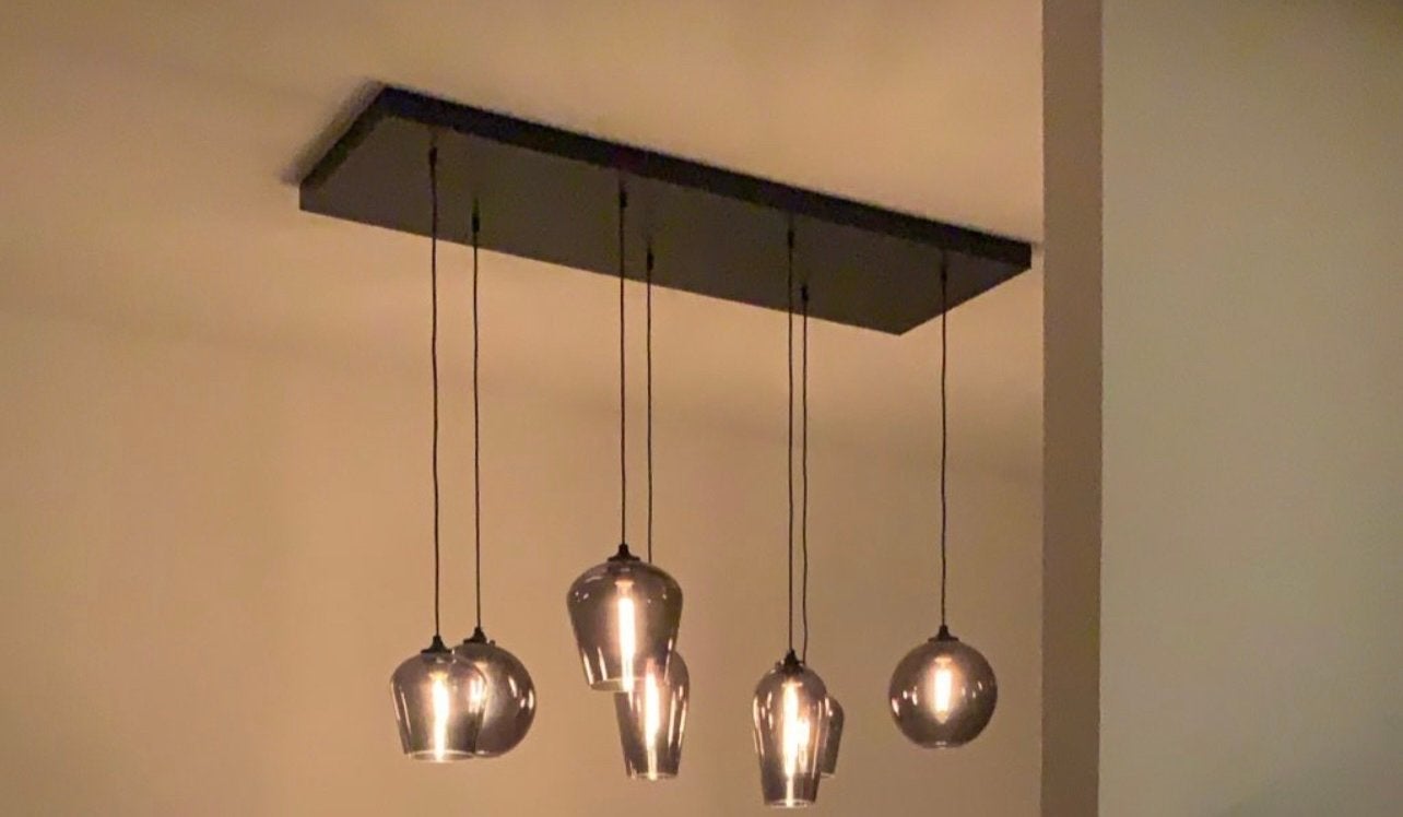By Eve hanglamp met 5 glazen kappen, Ophalen, Zo goed als nieuw, Glas