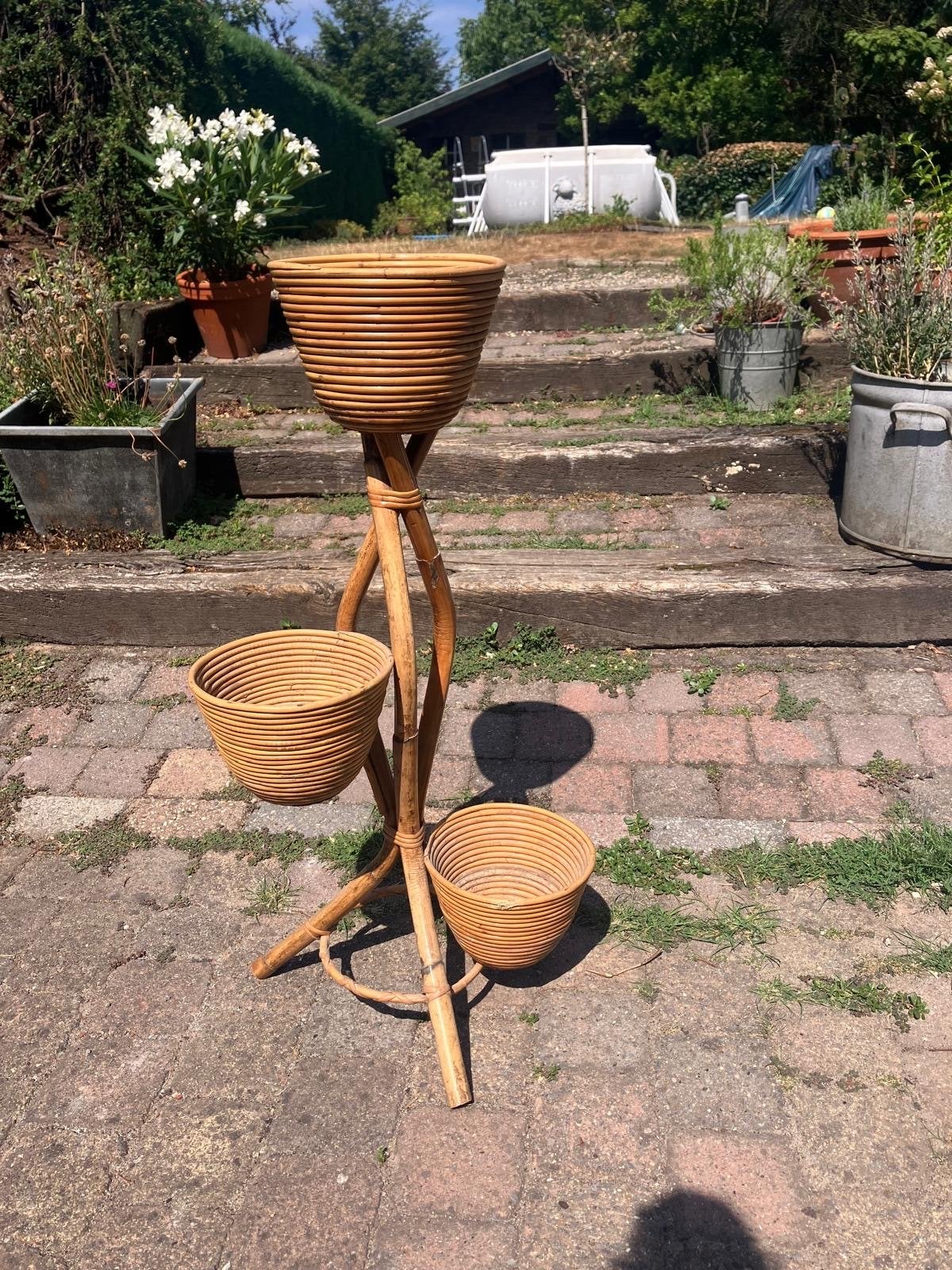 Vintage Bamboe Plantenstandaard met 3 Potten, Ophalen, Minder dan 60 cm, Zo goed als nieuw, Binnen