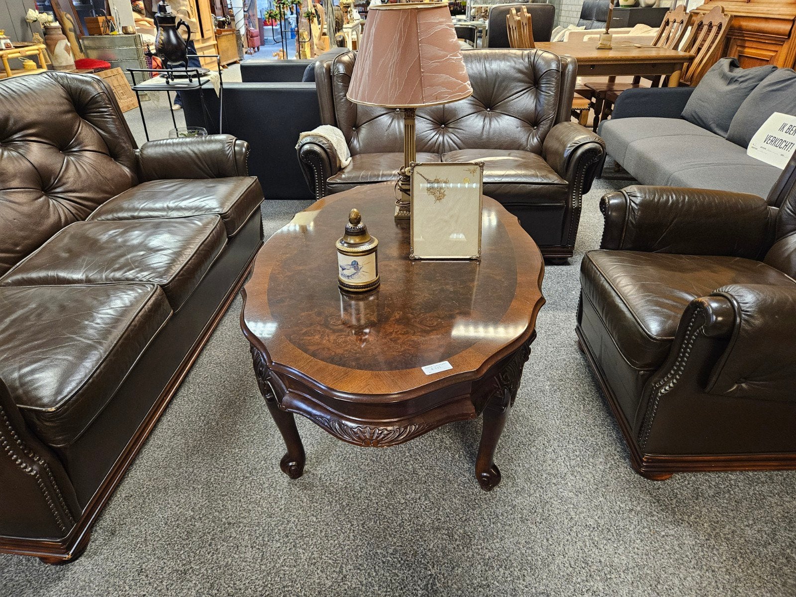 Bruine lederen woonkamerset:, Ophalen, Gebruikt, Hout, Klassiek, Chesterfield-stijl