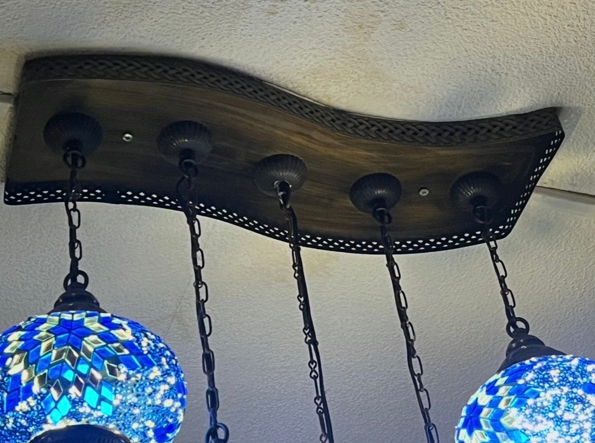 Turkse Mozaïek Hanglamp - Blauw - 5 bollen, Huis en Inrichting, Lampen | Hanglampen, Ophalen, Gebruikt, Glas, E14 (klein)