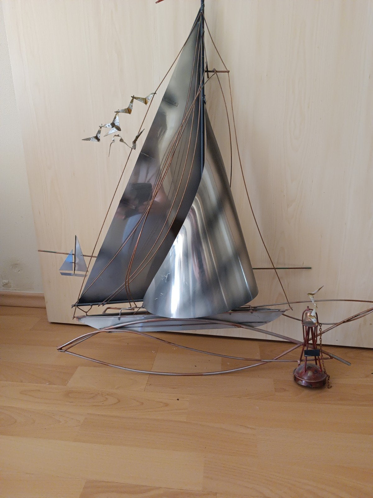 Metalen zeilboot decoratie met vogels en boei, Ophalen