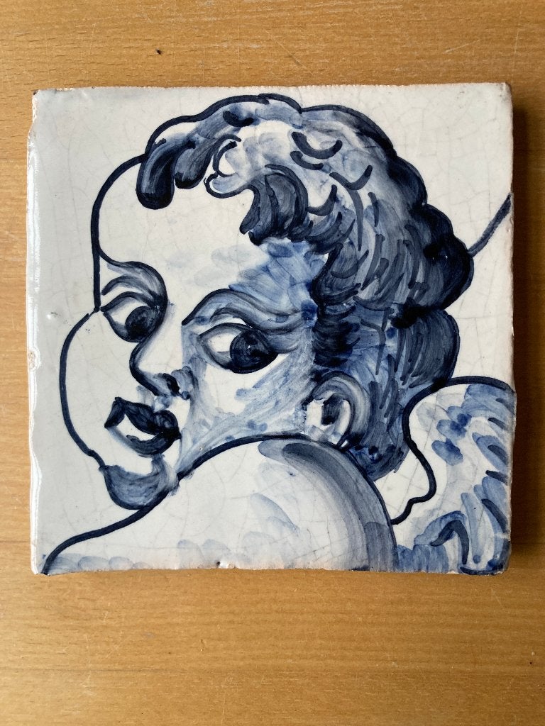 Handbeschilderde tegel Engel hoofd., Ophalen of Verzenden