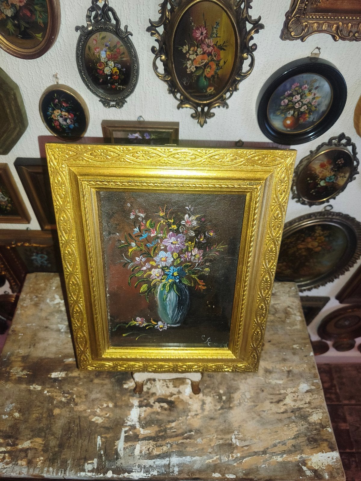 oud schilderijtje schilderij lijst stilleven bloemen Z32, Antiek en Kunst, Ophalen of Verzenden