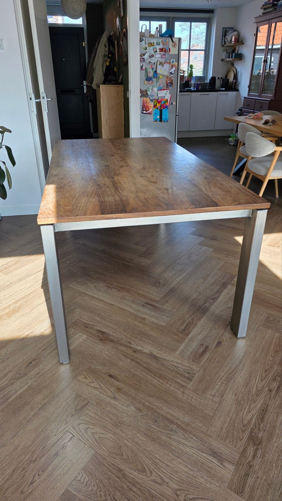 Houten eettafel 190x100 cm met stalen onderstel, Huis en Inrichting, Tafels | Eettafels, Gebruikt, 50 tot 100 cm, Vijf personen of meer