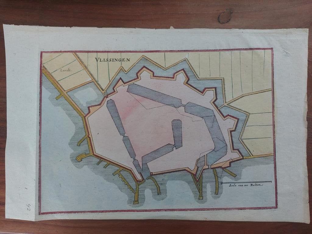42 Stad Vlissingen Gekleurde gravure van C. Merian uit 1659, Antiek en Kunst, Kunst | Etsen en Gravures, Ophalen of Verzenden