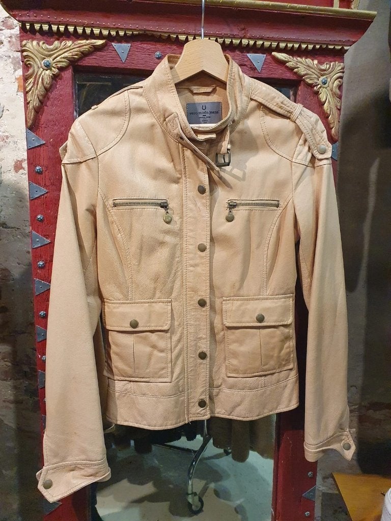 Beige Dames Jas, echt leer - Maat S