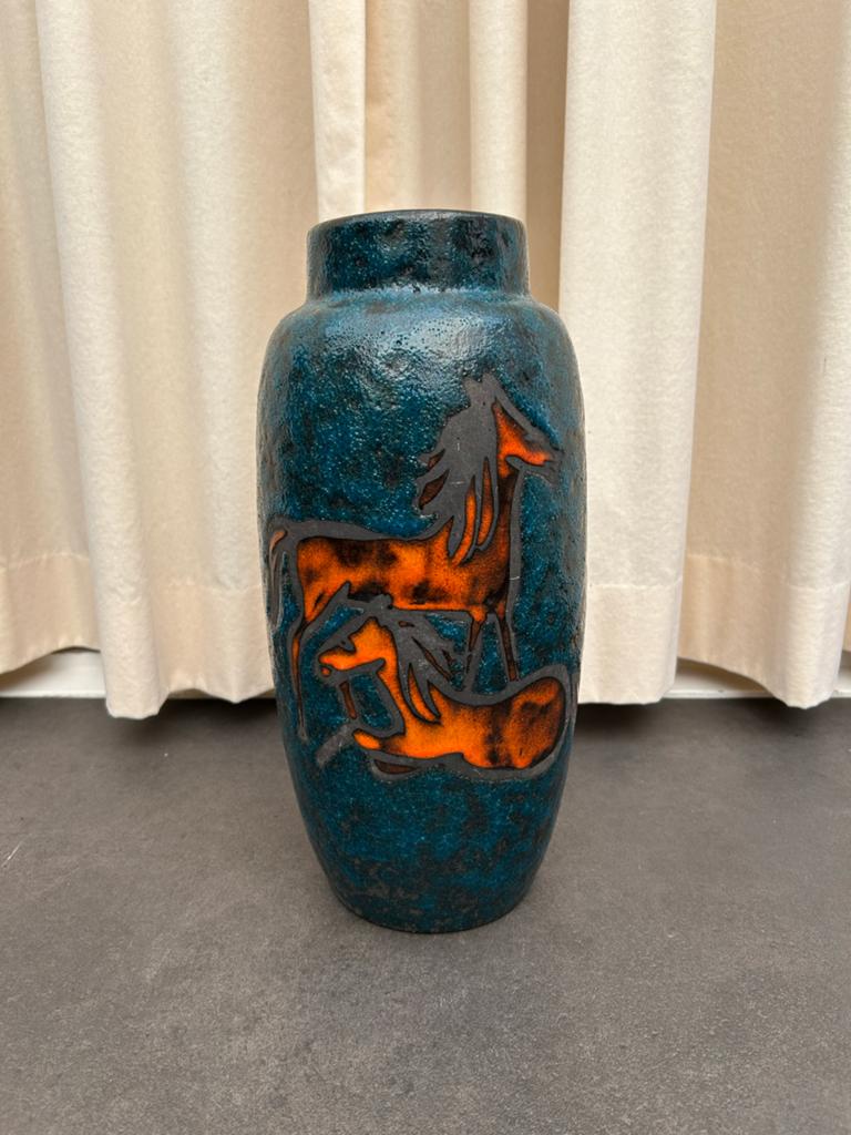 Scheurich Fat Lava vaas met paardendecor jaren ‘70, Ophalen of Verzenden