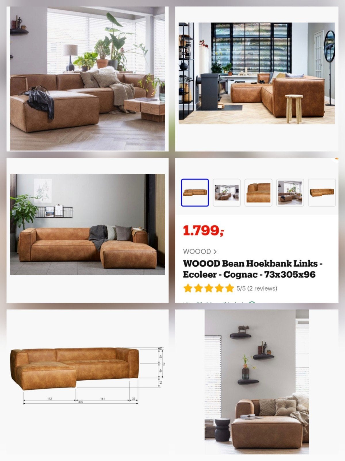 WOOOD Bean Hoekbank Links - Ecoleer - Cognac, Ophalen, Modern, Industrieel, 300 cm of meer, 75 tot 100 cm