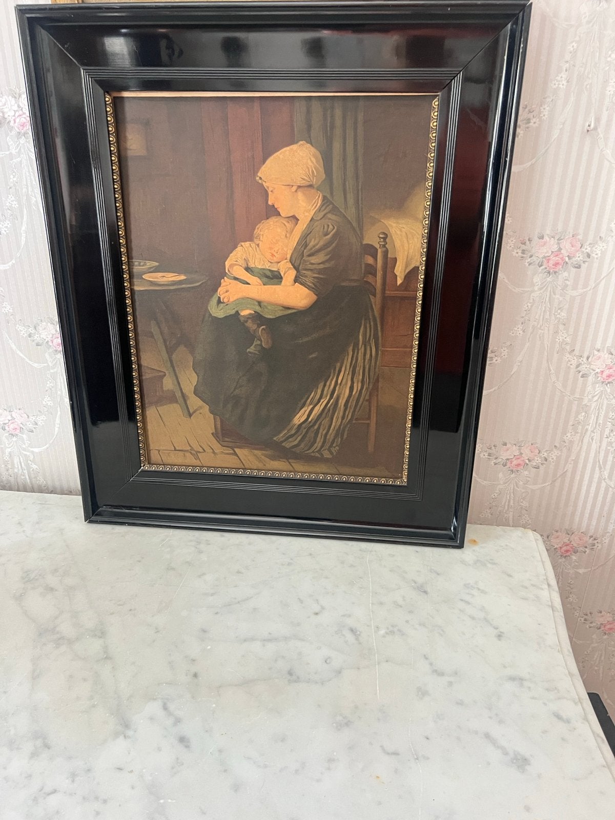 Vintage ingelijste prent: Moeder en kind, Ophalen of Verzenden