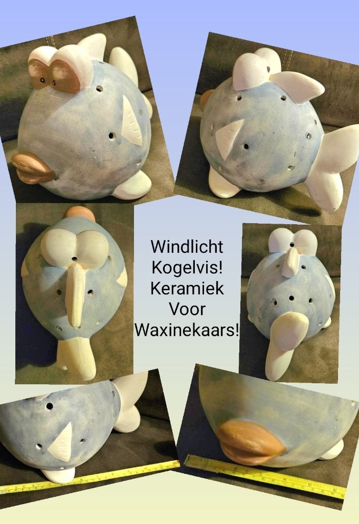Windlicht keramiek Maanvis, waxine of led licht, gaaf 20x30, Windlicht, Meerkleurig, Overige merken, Ophalen of Verzenden