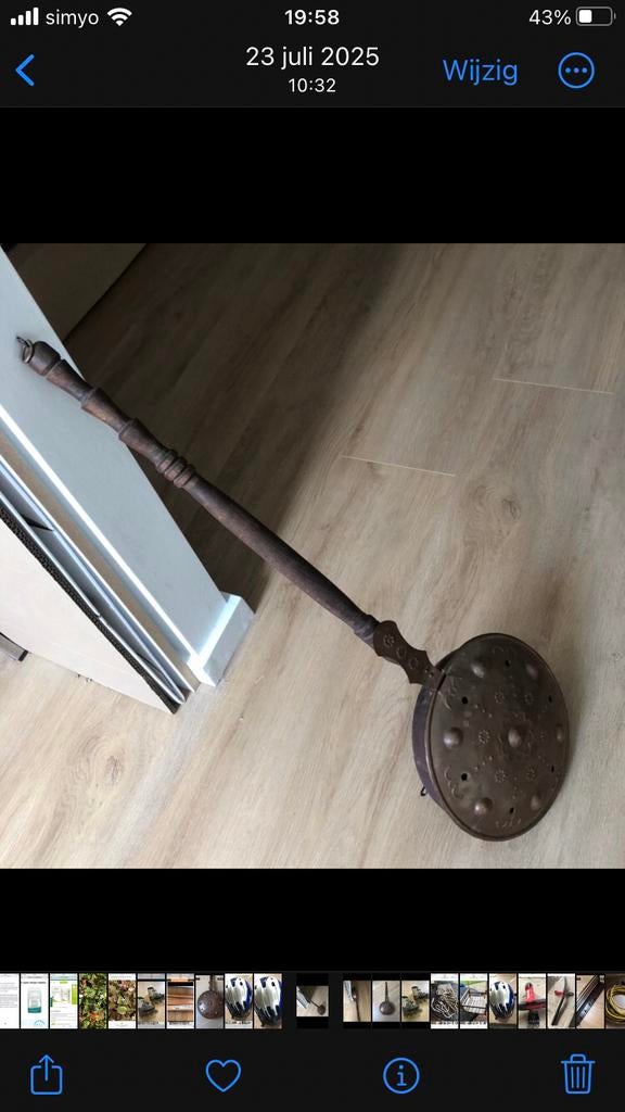 Antieke koperen beddenpan met houten steel, Antiek en Kunst, Ophalen, Koper