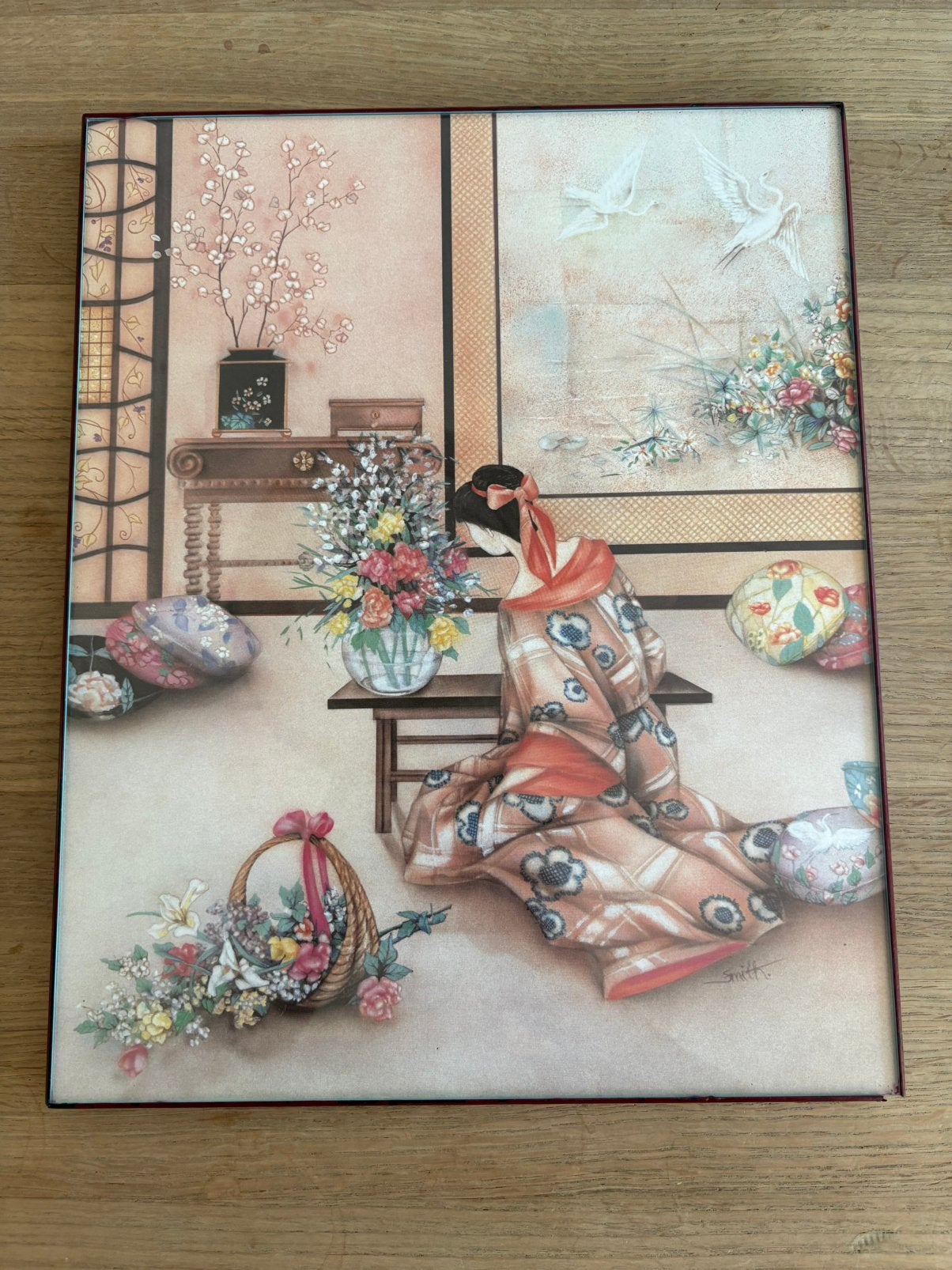 Mooie serene vintage kunstdruk ‘Japanse girl woman’, Ophalen of Verzenden, Zo goed als nieuw, Minder dan 50 cm, Schilderij