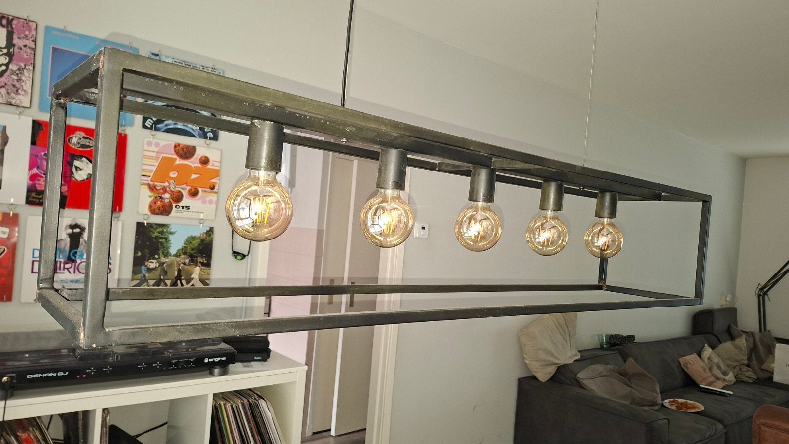 Industriële hanglamp met gloeilampen - 120x25x25cm, Ophalen, E27 (groot), Zo goed als nieuw, Metaal