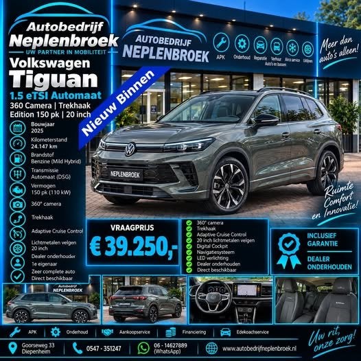 Volkswagen Tiguan 1.5 eTSI automaat 360 camera trekhaak Edit, Auto's, Dealer onderhouden, 4 cilinders, Bedrijf, Hybride Elektrisch/Benzine