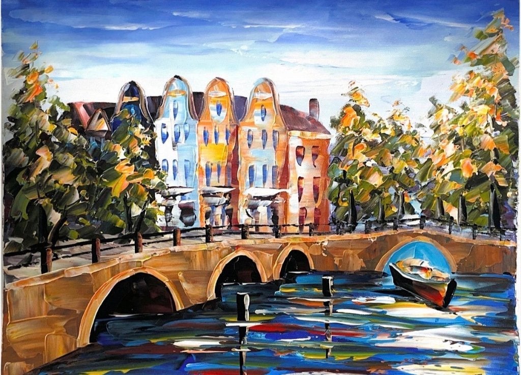 Schilderij van Amsterdamse gracht, Antiek en Kunst, Verzenden, Handgeschilderd, Olieverf, Overige materialen