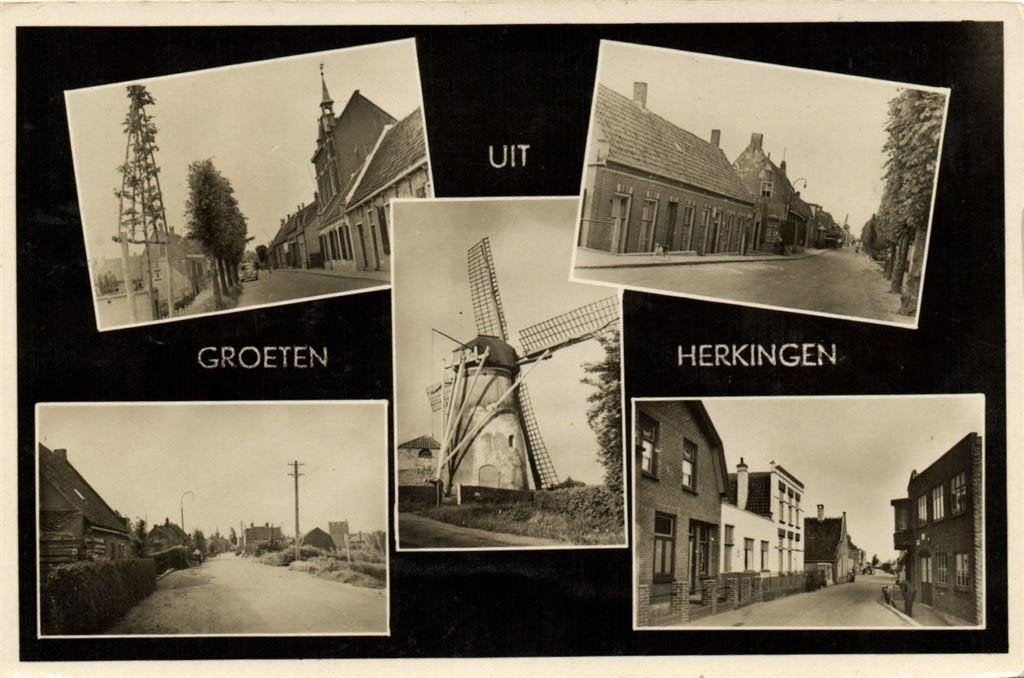 Groeten uit Herkingen - 5 afb o.a. molen - 1950 gelopen, Ophalen of Verzenden, 1940 tot 1960, Gelopen, Zuid-Holland