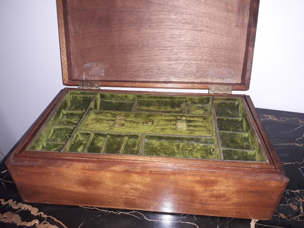 ANTIEKE MASSIEF HOUTEN MAHONIE SIERADEN KIST met INTERIEUR, Ophalen of Verzenden