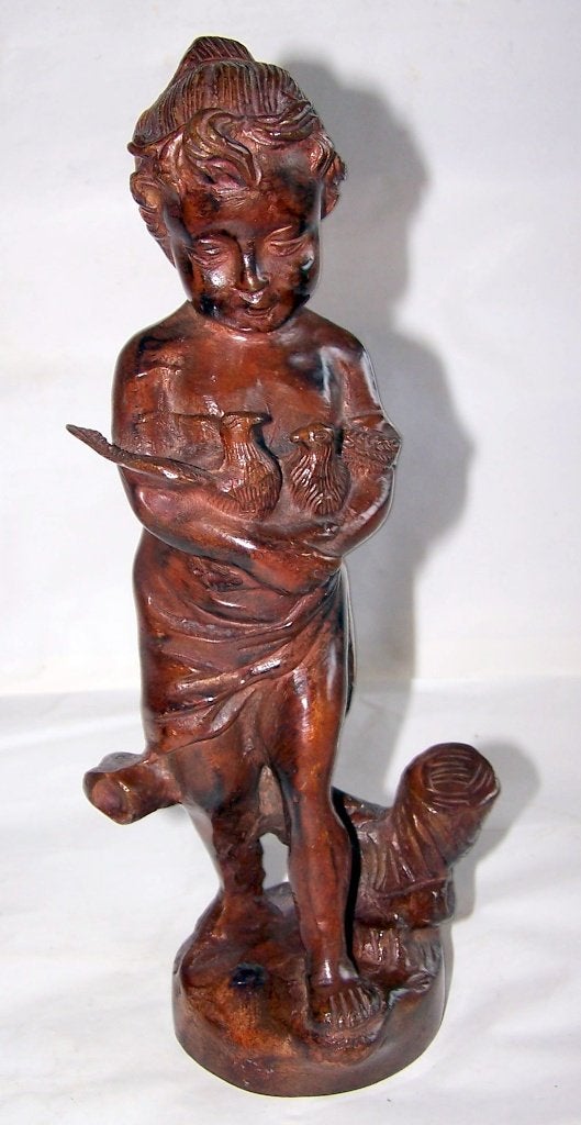 Antiek prachtig bronzen beeld meisje met duiven. H. 25cm., Art deco, Ophalen of Verzenden, 20 - 50 cm, Beeld