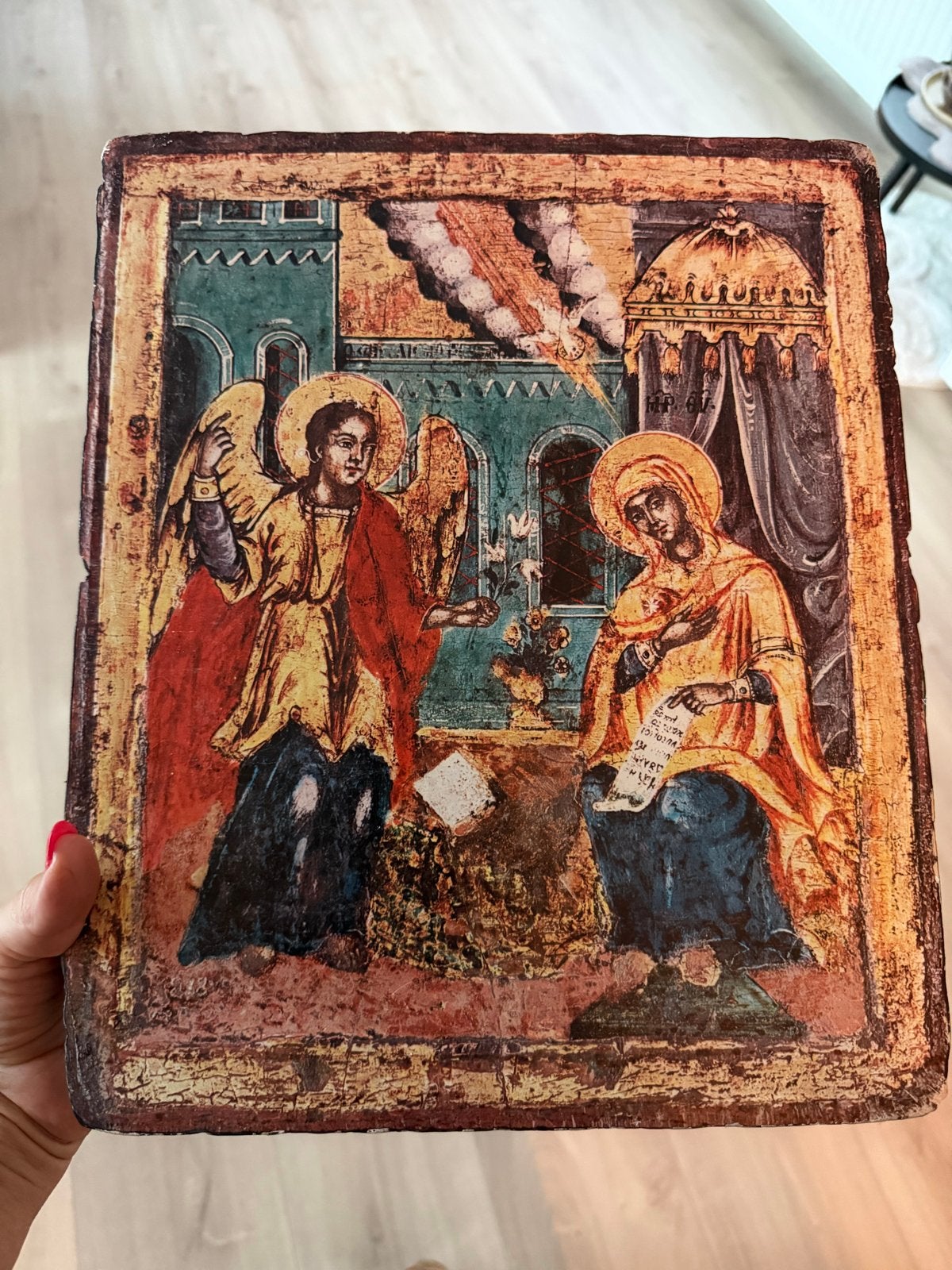 Religieuze icoon / Byzantijnse stijl op houten paneel, Antiek en Kunst, Ophalen of Verzenden