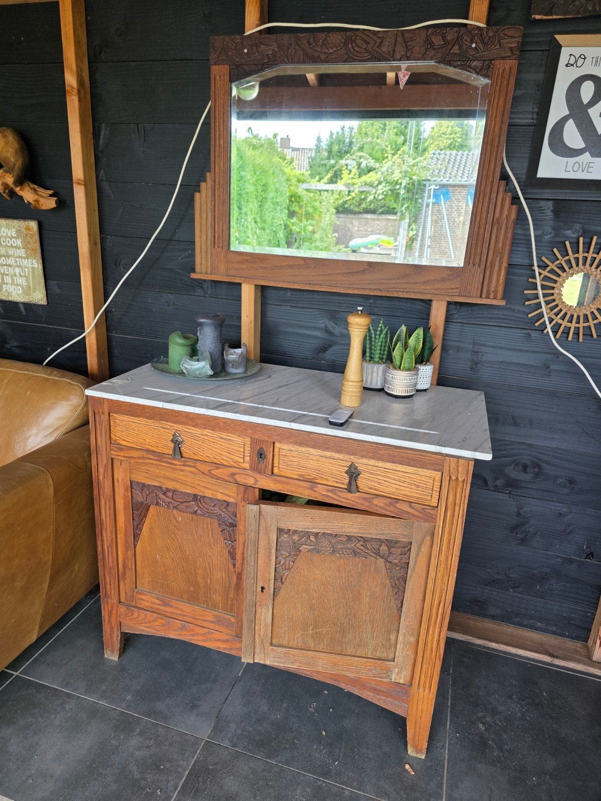 Antiek dressoir met marmeren blad en spiegel, Antiek en Kunst, Antiek | Meubels | Kasten, Ophalen