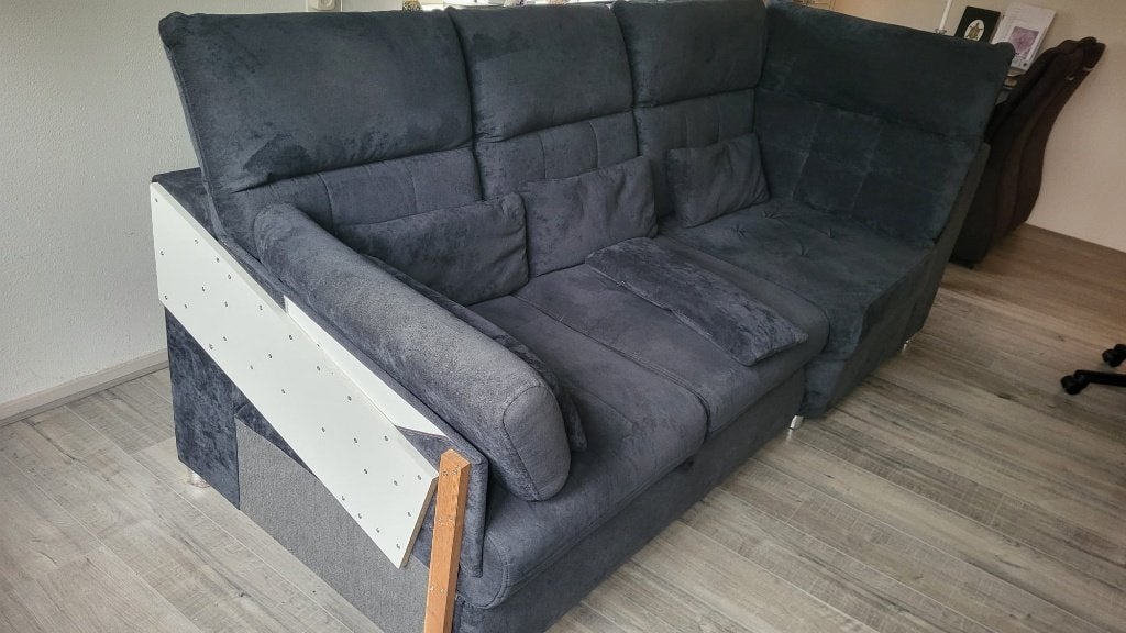 Comfortabele blauwe hoekbank met slaapfunctie, Ophalen, 250 tot 300 cm, 125 tot 150 cm, Hoekbank