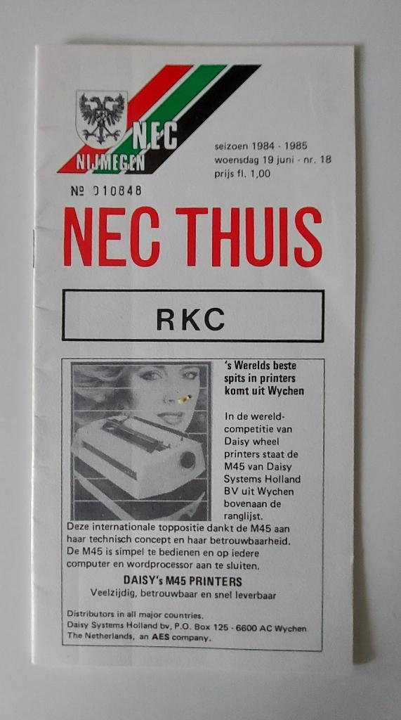 Programma-boekje NEC Nijmegen - RKC 1985, Verzamelen, Sportartikelen en Voetbal, Verzenden, Zo goed als nieuw, Overige binnenlandse clubs