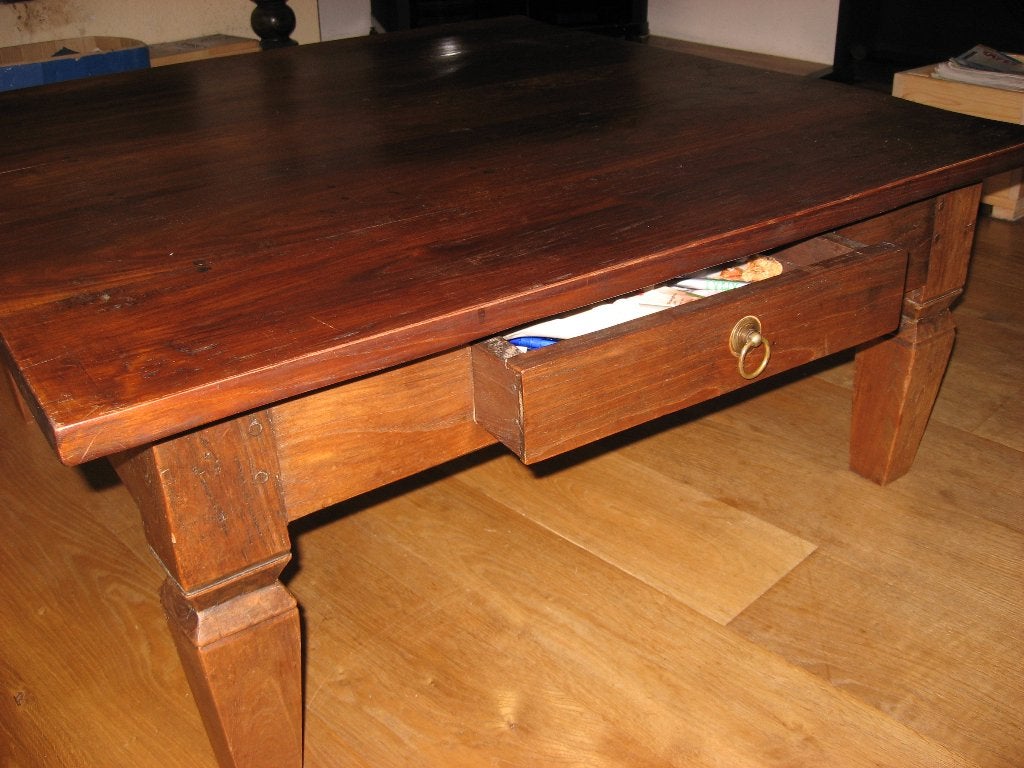 salontafel houten  koloniaal vierkant met lade donkerbruin, Ophalen, Gebruikt, 50 tot 100 cm, Koloniaal