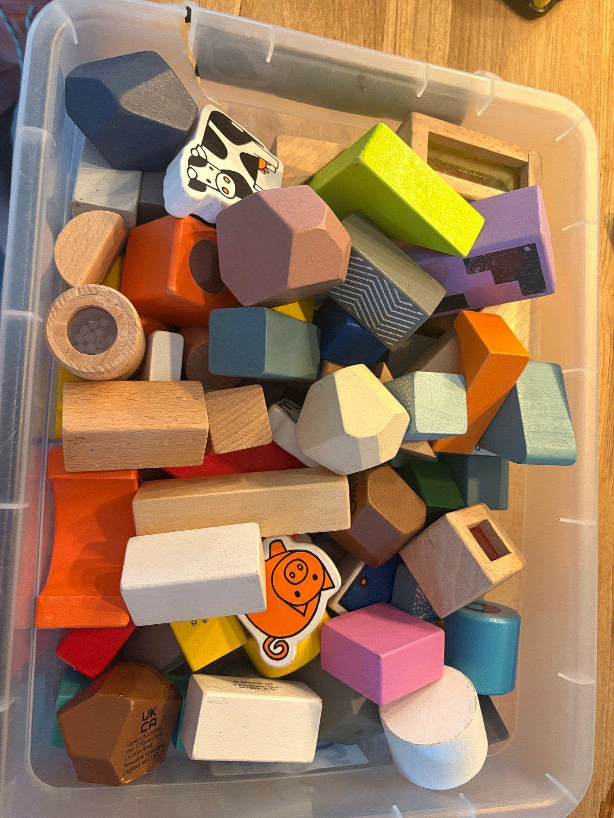 Doos met diverse houten bouwblokken, Ophalen of Verzenden, Gebruikt, Overige merken