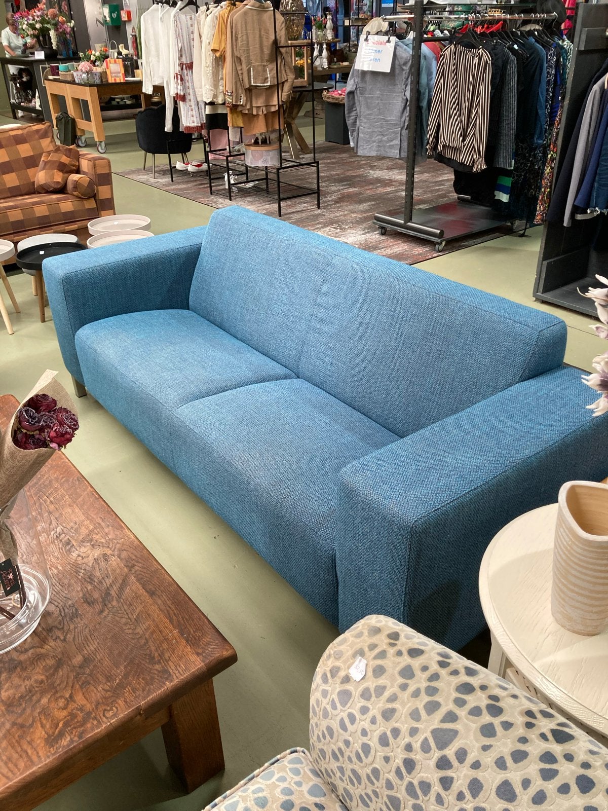 Blauwe stoffen bank - 220 cm breed Montel, Huis en Inrichting, Banken | Complete zithoeken, Gebruikt, W, Ophalen of Verzenden