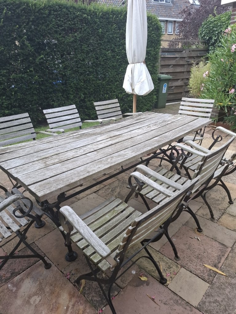 Robuuste teakhout tuinset met 8 stoelen, Tuin en Terras, Tuinsets en Loungesets, Ophalen, Gebruikt, Teakhout, 8 zitplaatsen