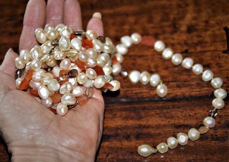 Lange ketting/snoer met zoetwaterparels/carneool/rookkwarts, Verzenden, Wit, Nieuw, Met edelsteen