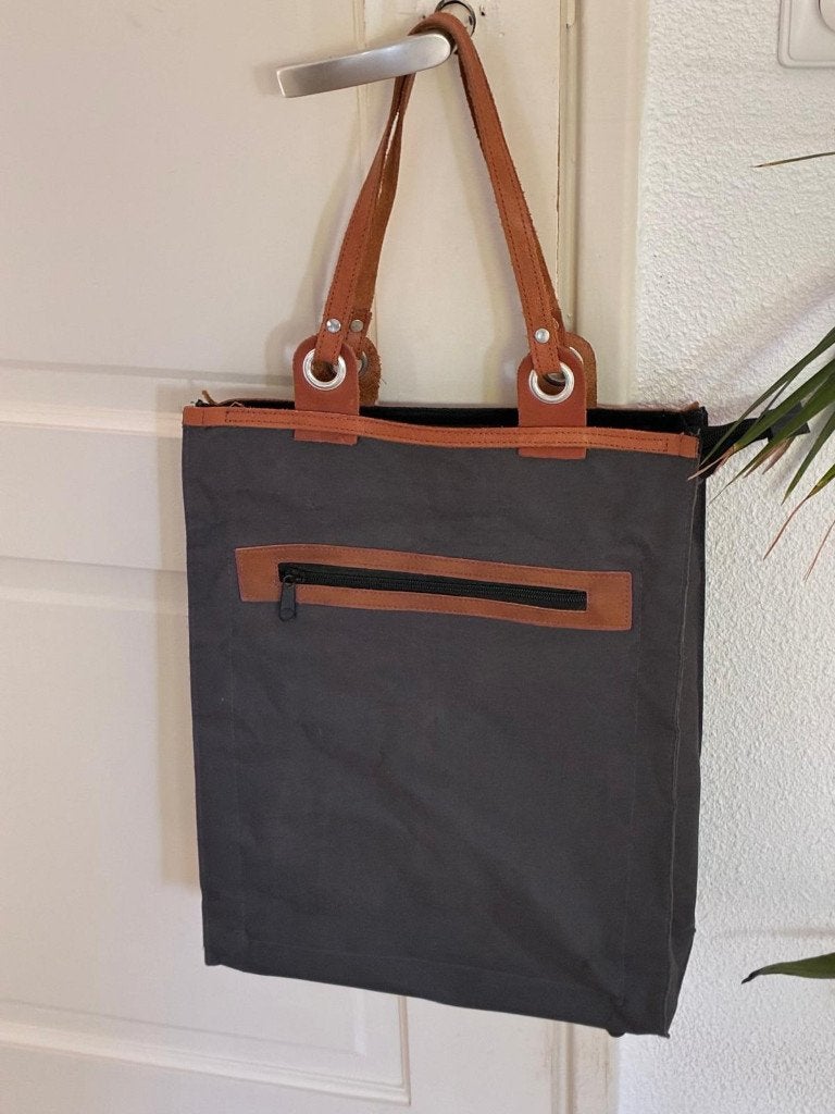 Vintage original: canvas tas met leren handvatten - NIEUW, Overige typen, Nieuw, Grijs, Leer