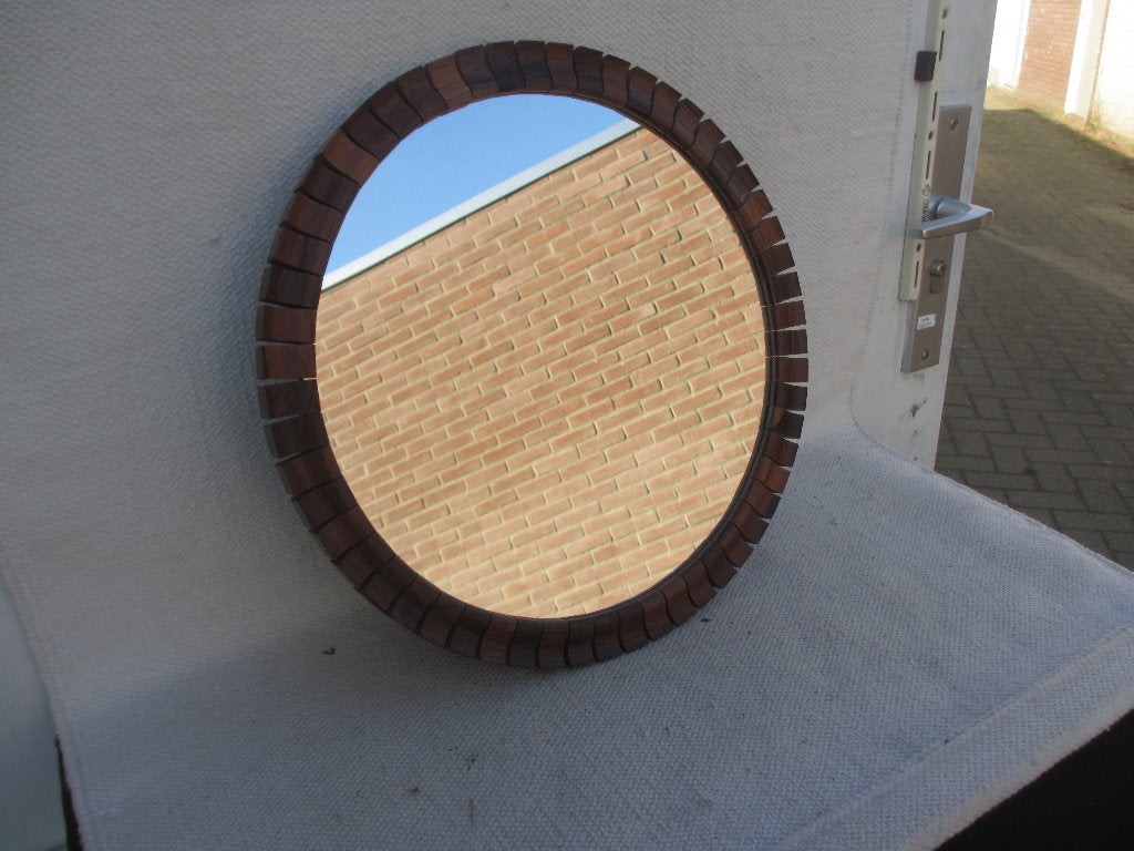 Vintage Deens design teakhout Spiegel jaren 60, Huis en Inrichting, Woonaccessoires | Spiegels, Gebruikt, Rond, Ophalen of Verzenden