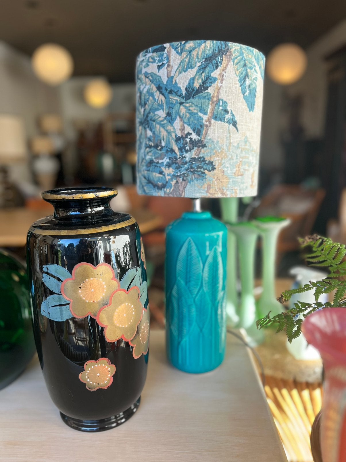 Turquoise keramiek lamp vintage met nieuwe kap, Ophalen, Vintage, Zo goed als nieuw, Vintage