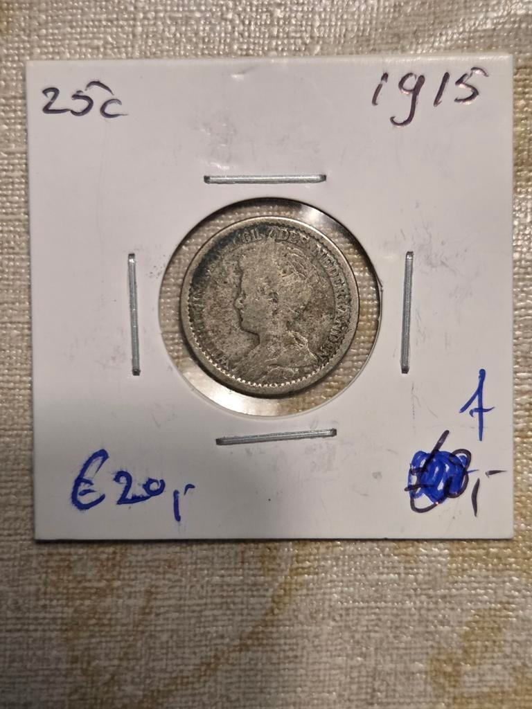 Zilveren 25 cent munt Koningin Wilhelmina 1915, Postzegels en Munten, Munten | Nederland, Zilver, 25 cent, Ophalen of Verzenden