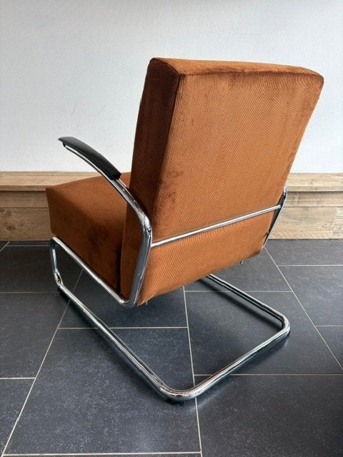 Gispen 405 fauteuil, chroom, nieuwe goudbruine ribstof, Design, 75 tot 100 cm, Zo goed als nieuw, Metaal