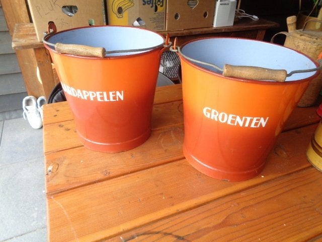 Fraaie gevlamd oranje emaille Groenten en Aardappelen emmer., Ophalen of Verzenden