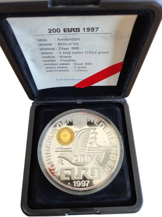 Nederland Zilveren 200 Euromunt 1997 met Gouden Kinebar, Ophalen of Verzenden, Zilver