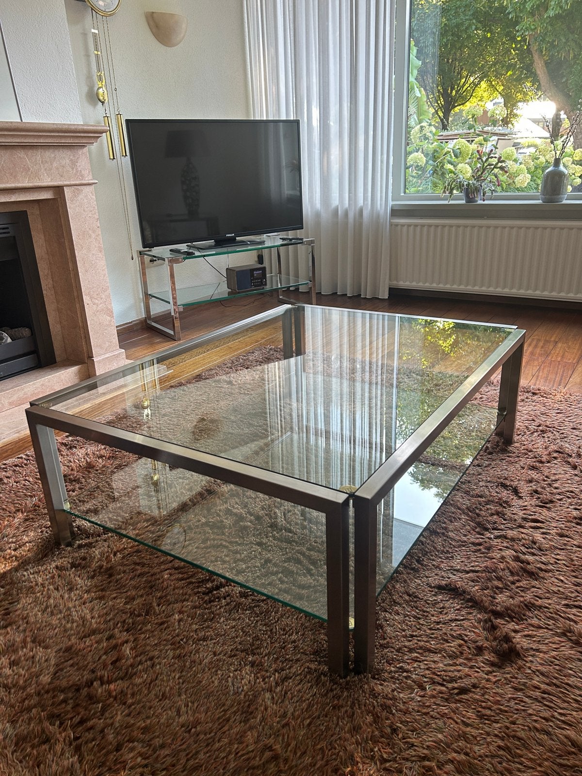 Peter Ghyczy salontafel van glas en metaal, Huis en Inrichting, Ophalen, Gebruikt, 100 tot 150 cm, Glas