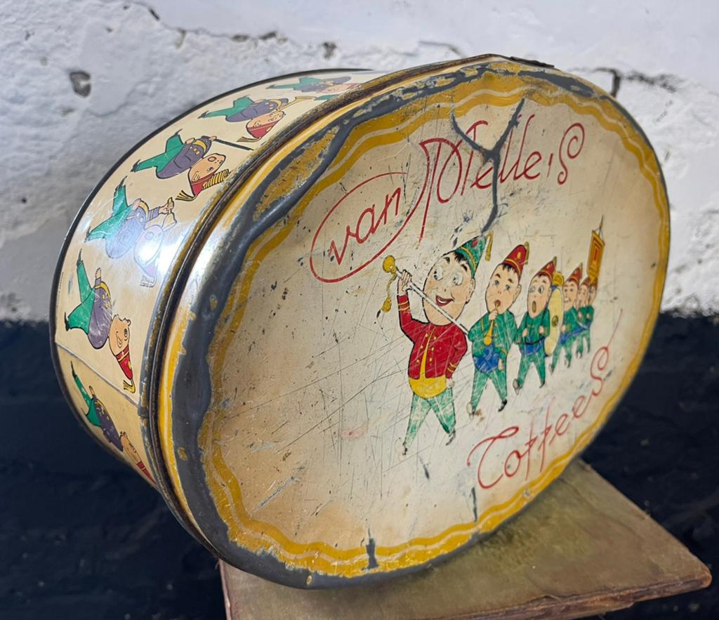 Vintage antiek groot blik Van Melle toffees fanfare, Ophalen of Verzenden