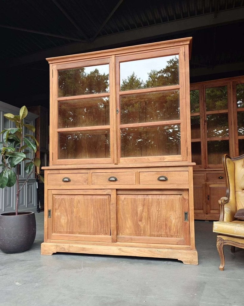 Teakhouten buffetkast | Vitrinekast | Servieskast #0694, Glas, Gebruikt, Met deur(en), -