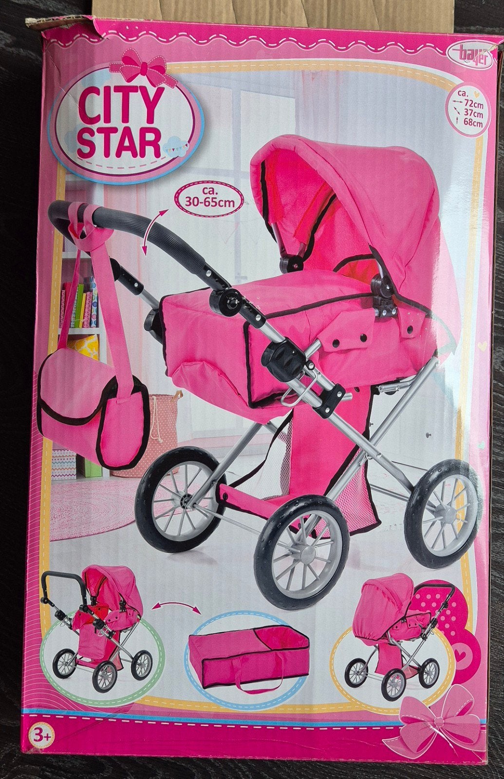 Roze poppenwagen met draagmand en pop, Kinderen en Baby's, Speelgoed | Poppen, Ophalen, Gebruikt, Overige typen