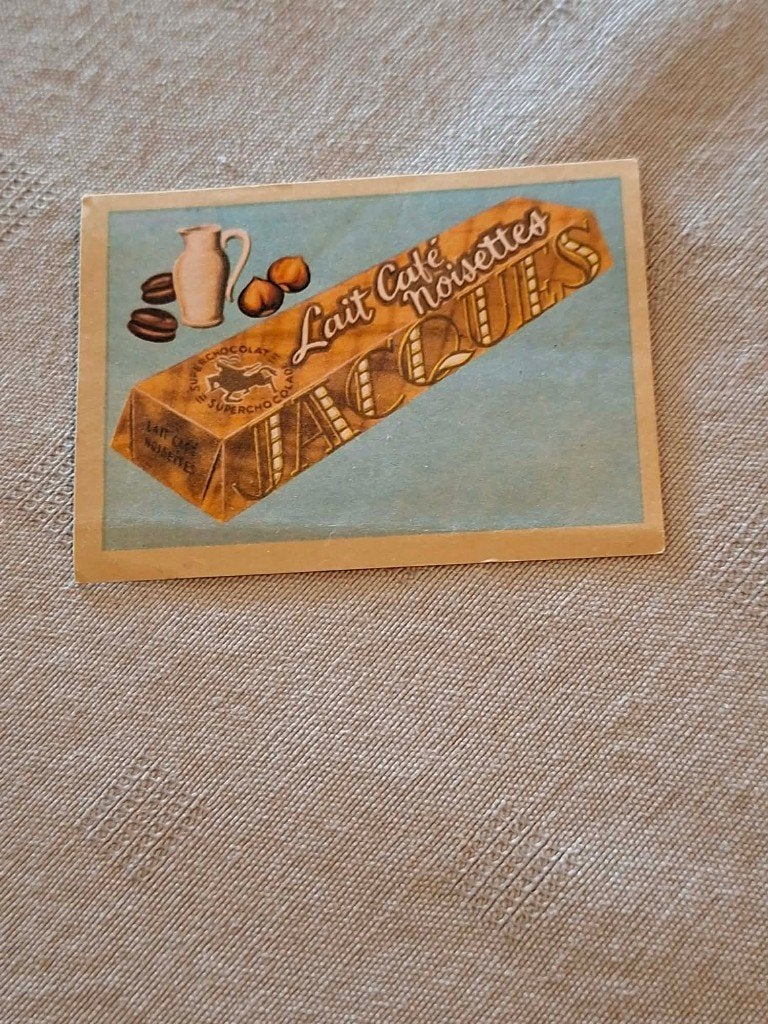 Vintage Jacques Chocolade Reclamekaart - Lait Café Noisettes, Verzamelen, 1960 tot 1980, Gebruikt, Verzenden, Prent