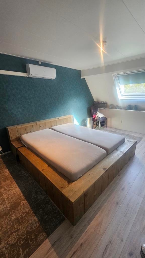 Steigerhouten 2-persoonsbed 180x200 - Handgemaakt, Huis en Inrichting, Slaapkamer | Bedden, Gebruikt, Bruin, Steigerhout, Tweepersoons