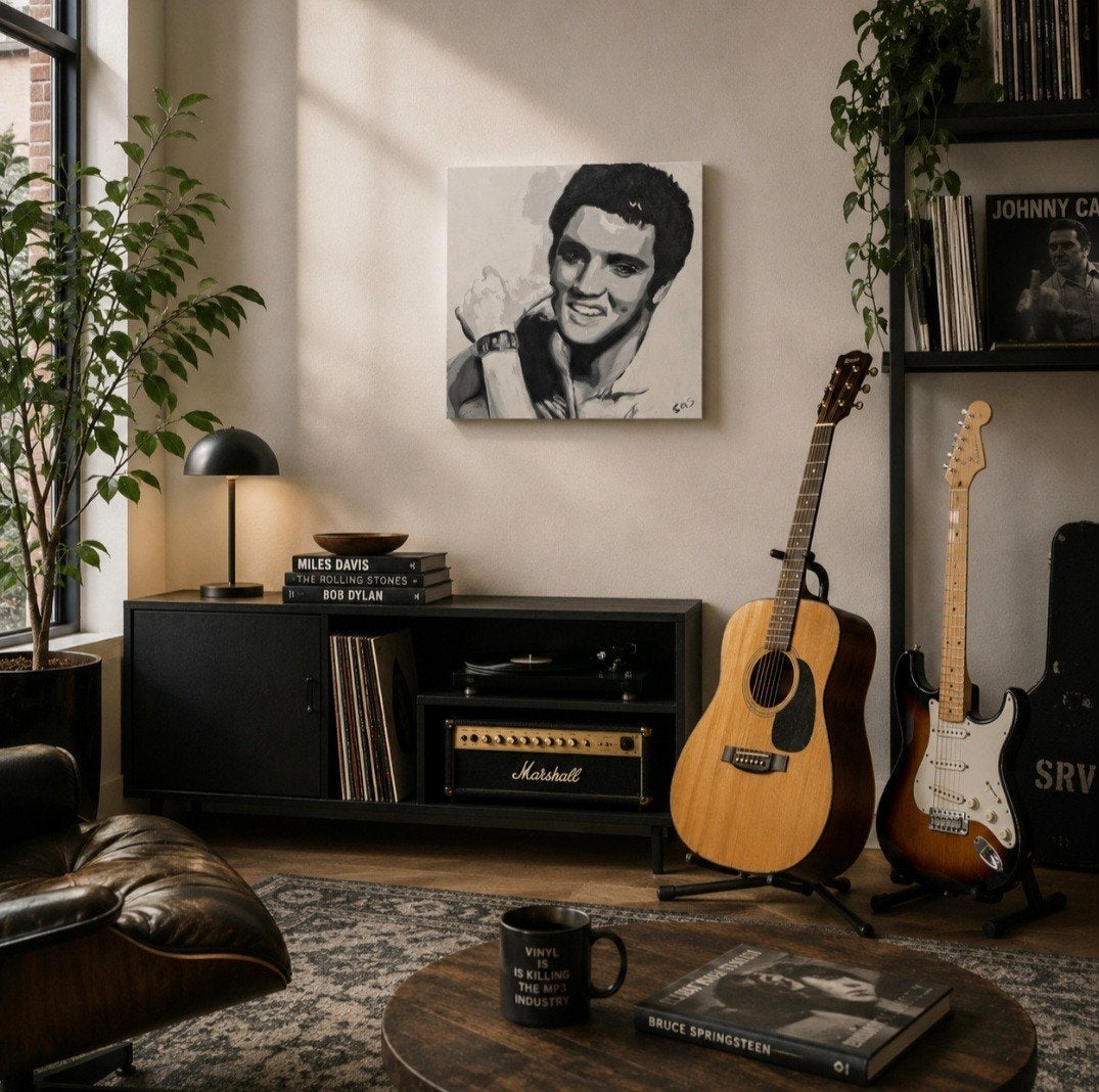 Handgeschilderd Portret Elvis Presley, 50x50cm, Antiek en Kunst, Kunst | Schilderijen | Klassiek, Acrylverf, Doek, Portret of Personen