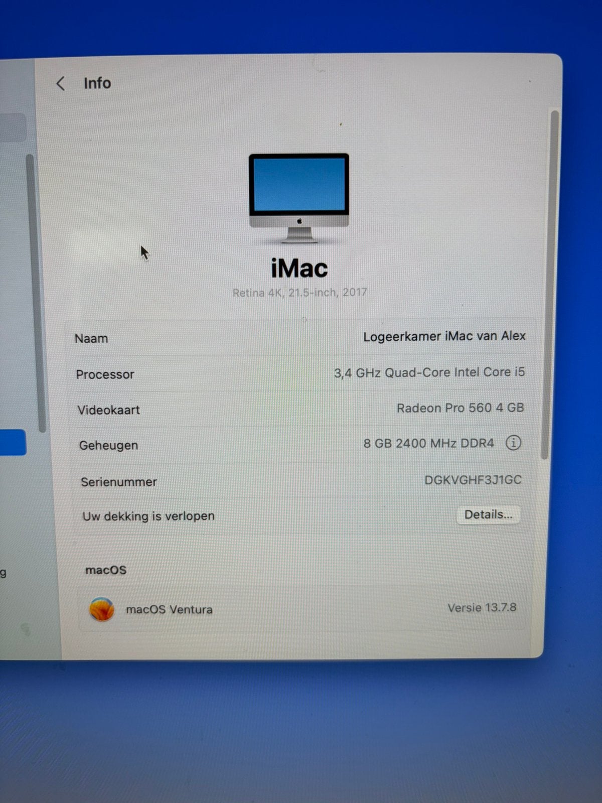 iMac retina 4k 21,5” 2017 i5 8GB RAM radeon pro 560 4Gb, Computers en Software, Apple Desktops, Ophalen, Gebruikt, IMac, 512 GB