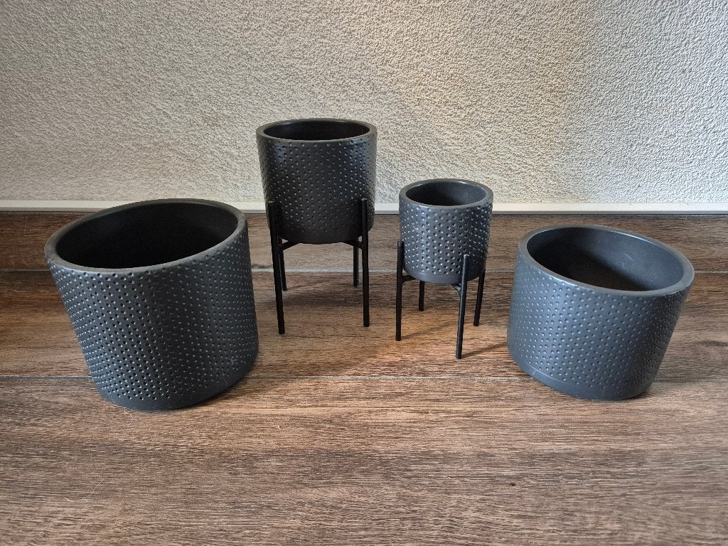 4x dezelfde potten grijs gestipt, verschillende maten - Mica, Tuin en Terras, Rond, Binnen, Ophalen of Verzenden, Zo goed als nieuw