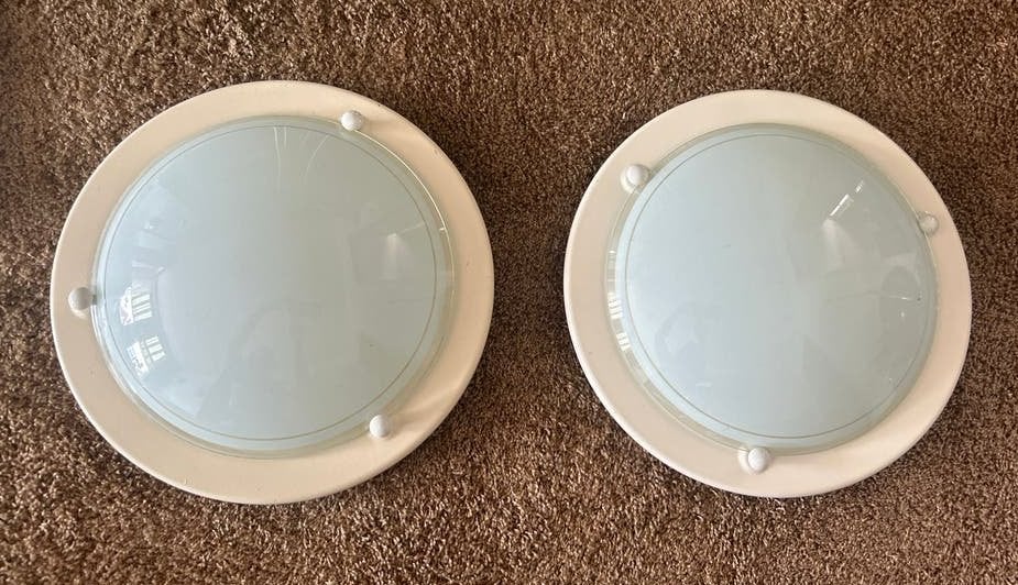 Twee platte crème kleurige plafondlampen, Ophalen, Beige, Gebruikt, Glas