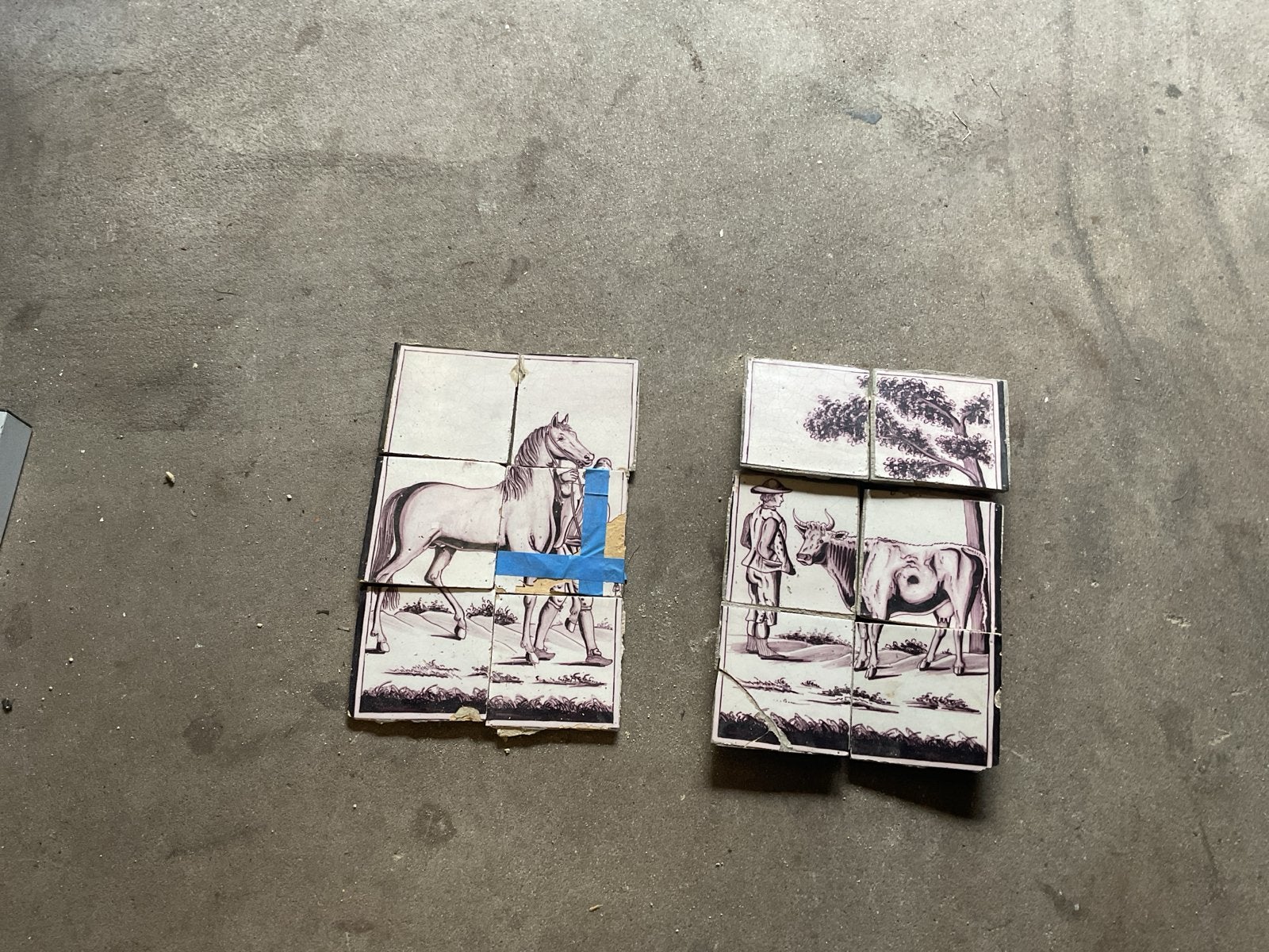 Antieke tegeltableau met Paard en Koe Motief, Ophalen of Verzenden