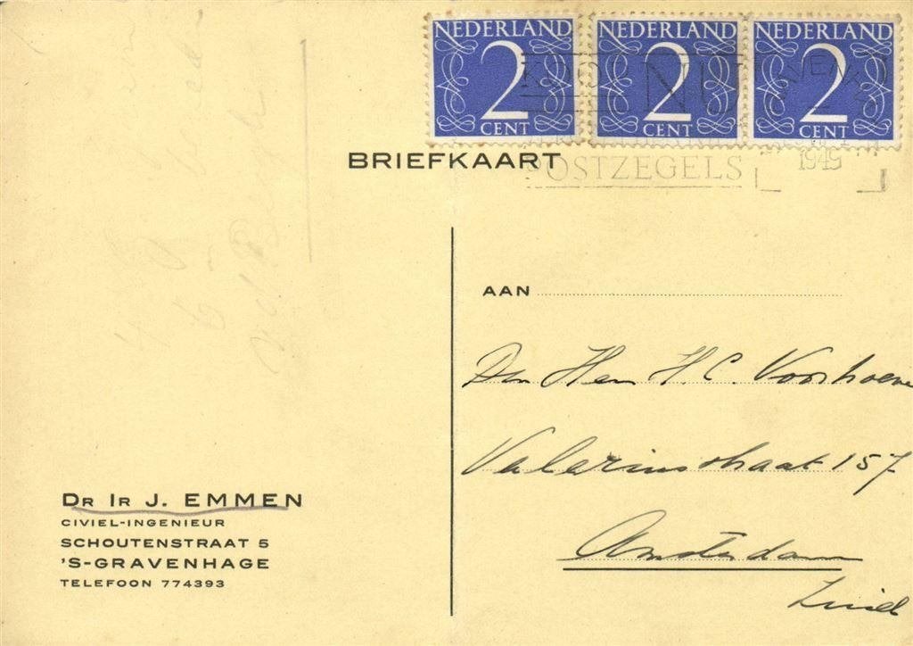 Dr Ir J. Emmen, s-Gravenhage - 08.1949 - briefkaart, Ophalen of Verzenden, Briefkaart